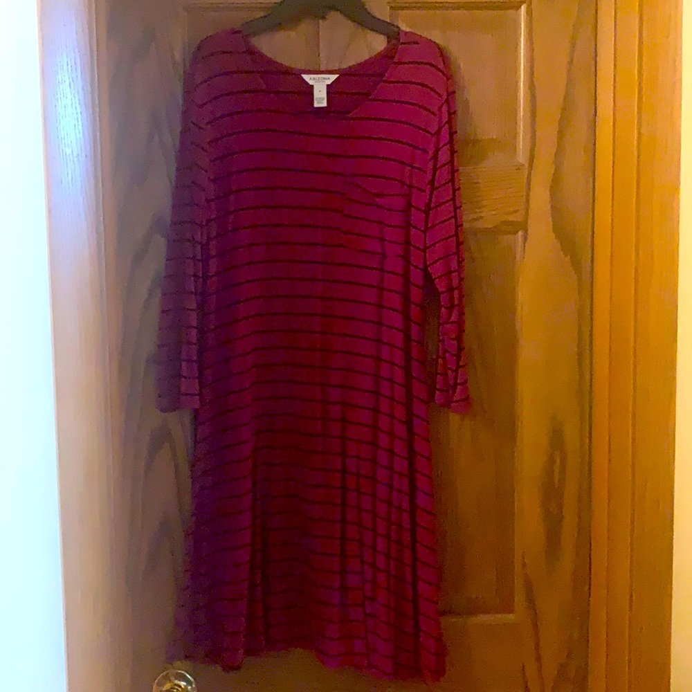 Deep red, knee length dress, w/ black stripes